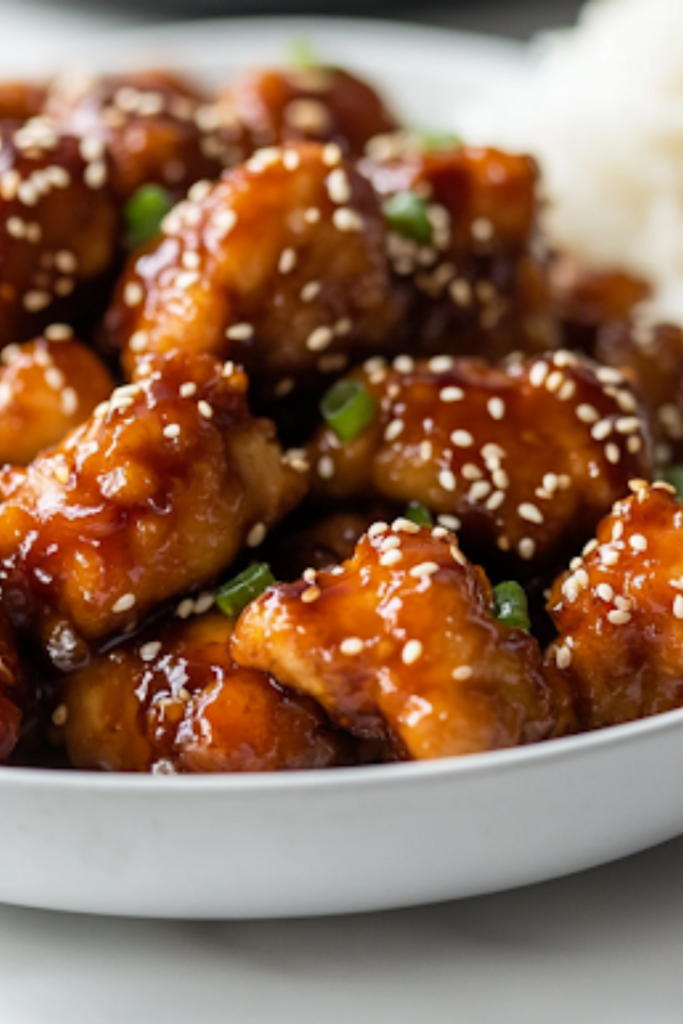 A white serving dish on a white marble cooktop with crispy honey sesame chicken, garnished with toasted sesame seeds and freshly chopped spring onions. A bowl of fluffy steamed rice sits beside the dish, completing the meal.