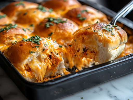 A close-up shot of the freshly baked buffalo chicken sliders in a black baking dish on the white marble cooktop. The golden-brown tops glisten, and gooey melted cheese oozes between the layers. A spatula lifts one slider, revealing the delicious, spicy filling inside.