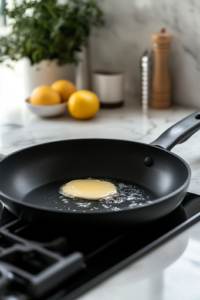 Butter melting in a black frying pan on a white marble cooktop, bubbling slightly as it heats up. The butter is ready to coat the pan for frying the crab cakes to a crispy, golden perfection.