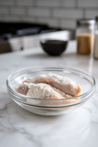 A close-up shot of a flattened chicken breast on a white marble cooktop, with a small piece of chilled garlic herb butter placed in the center, ready to be rolled up tightly to seal in the flavors.