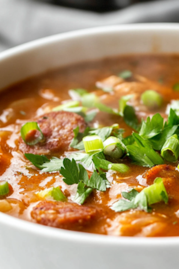 A steaming bowl of Louisiana-style chicken and sausage gumbo is served over fluffy white rice. Fresh parsley and green onions are sprinkled on top, adding a vibrant contrast, while a spoon rests in the bowl, ready for the first delicious bite.
