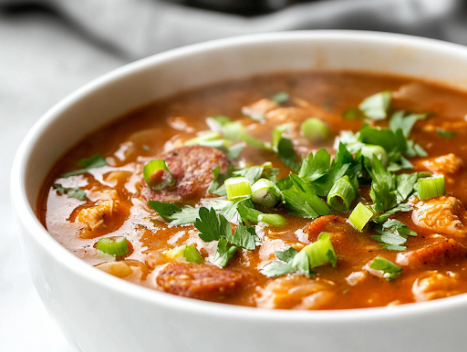 A steaming bowl of Louisiana-style chicken and sausage gumbo is served over fluffy white rice. Fresh parsley and green onions are sprinkled on top, adding a vibrant contrast, while a spoon rests in the bowl, ready for the first delicious bite.