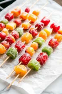 A close-up shot of freshly coated candied fruit skewers resting on a sheet of parchment paper on the white marble cooktop. The sugar glaze hardens into a shiny, crisp shell, reflecting light beautifully as the skewers cool and set.