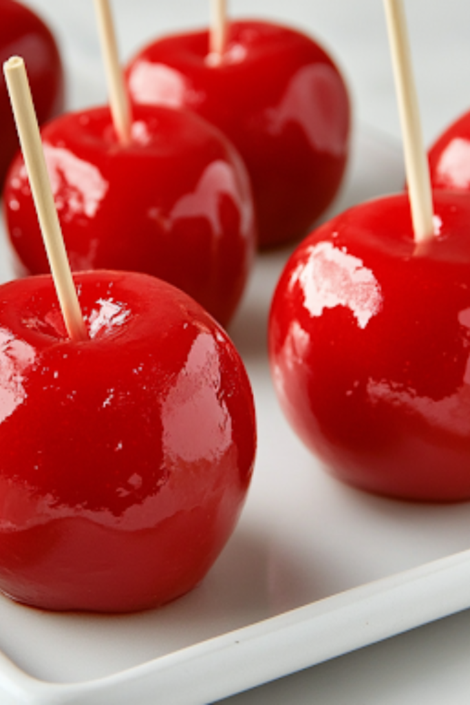 A close-up shot of perfectly hardened red candy apples displayed on a serving platter over a white marble cooktop. Some apples are wrapped in parchment for later, while one has a bite taken out, revealing the crisp, juicy apple inside.