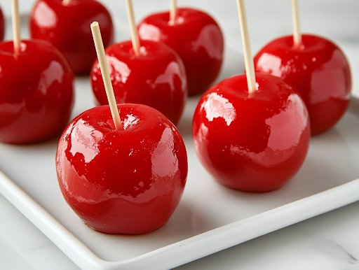 A close-up shot of perfectly hardened red candy apples displayed on a serving platter over a white marble cooktop. Some apples are wrapped in parchment for later, while one has a bite taken out, revealing the crisp, juicy apple inside.