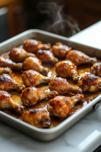 A close-up shot of the baking sheet on a white marble cooktop, where the golden-brown, caramelized chicken drumsticks rest after broiling. The glaze has thickened into a glossy, sticky coating, and steam rises, releasing an irresistible aroma of sweet and tangy citrus flavors.