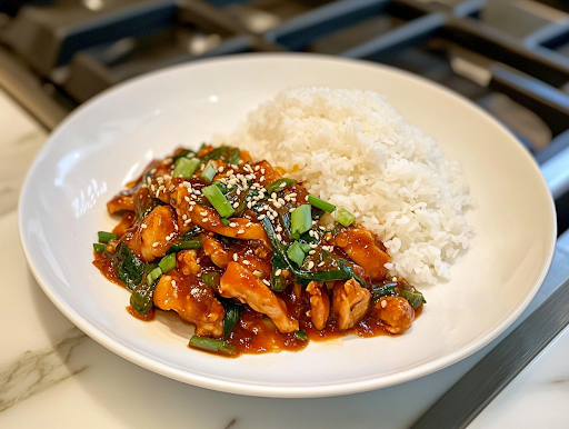 A close-up shot of a pair of chopsticks picking up a bite of perfectly glazed sweet chili chicken, garnished with sesame seeds and green onions. In the background, a bowl of steaming white rice sits on the white marble cooktop, complementing the delicious, saucy dish.