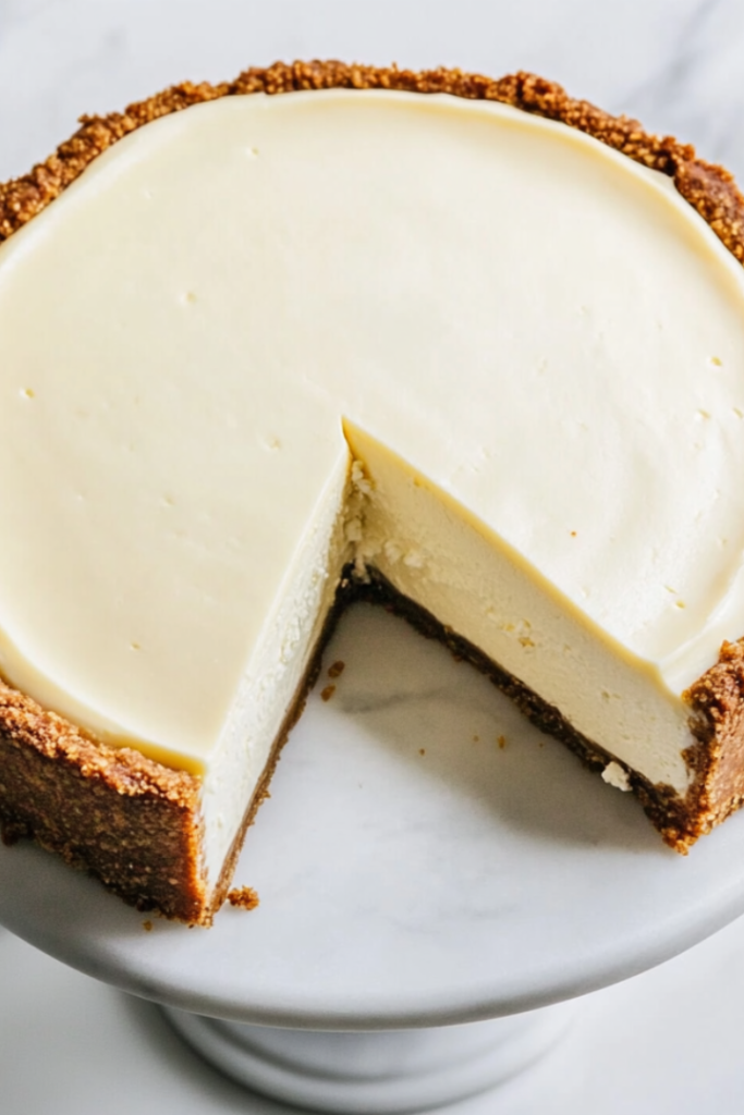 An overhead shot of a fully chilled cheesecake on a cake stand. A slice is being lifted, revealing the creamy, dense texture and buttery graham cracker crust.