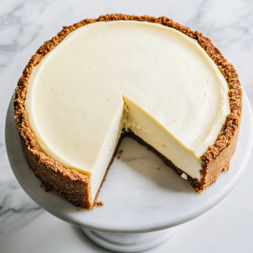 An overhead shot of a fully chilled cheesecake on a cake stand. A slice is being lifted, revealing the creamy, dense texture and buttery graham cracker crust.