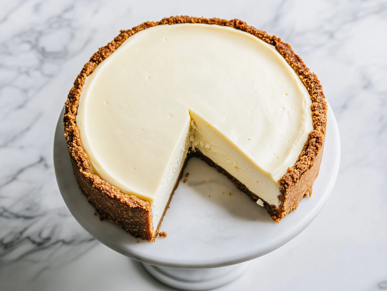 An overhead shot of a fully chilled cheesecake on a cake stand. A slice is being lifted, revealing the creamy, dense texture and buttery graham cracker crust.