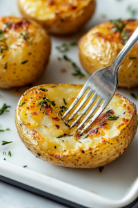 A close-up shot of a fork piercing a golden, crispy baked potato on the white marble cooktop. The fork glides in effortlessly, confirming that the potatoes are fully cooked with a tender, fluffy interior.