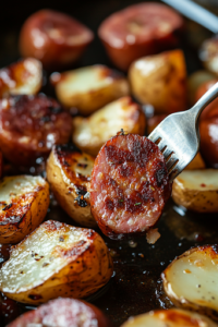 A close-up of a fork piercing a golden roasted potato on a white marble cooktop, testing for tenderness. The kielbasa glistens with a slight char, indicating perfect doneness and a flavorful bite.