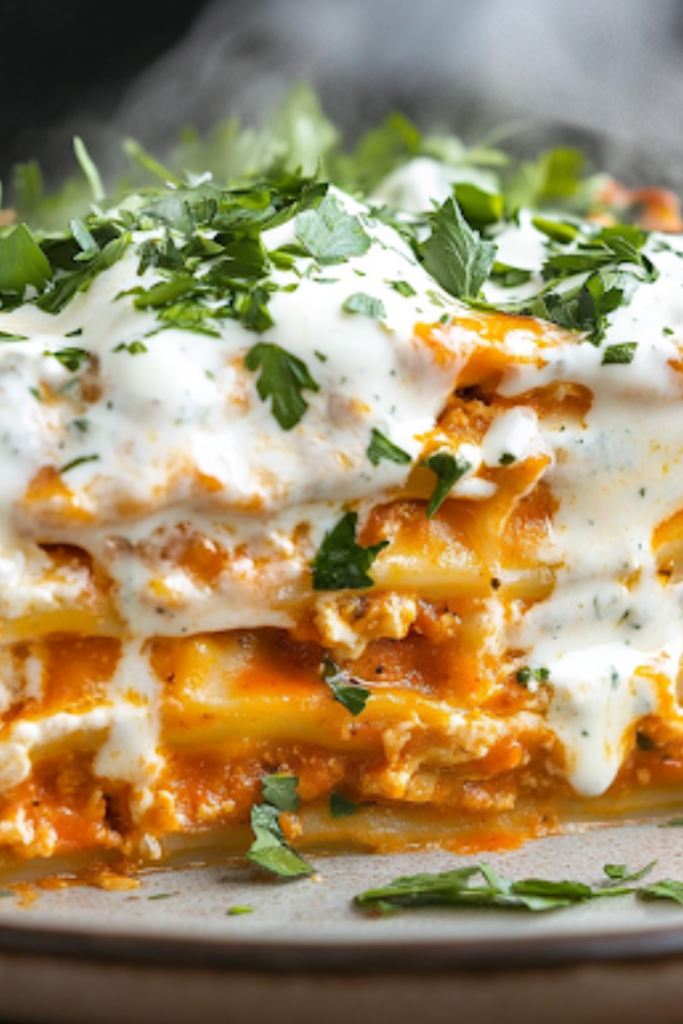 A plated serving of Buffalo chicken lasagna drizzled with creamy ranch dressing and garnished with fresh herbs. Steam rises from the layers, and a fork rests nearby, ready to dig into the delicious dish.