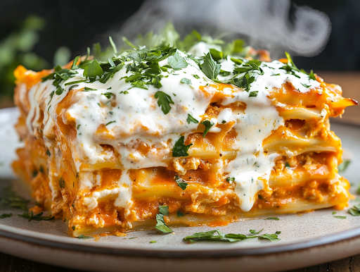 A plated serving of Buffalo chicken lasagna drizzled with creamy ranch dressing and garnished with fresh herbs. Steam rises from the layers, and a fork rests nearby, ready to dig into the delicious dish.