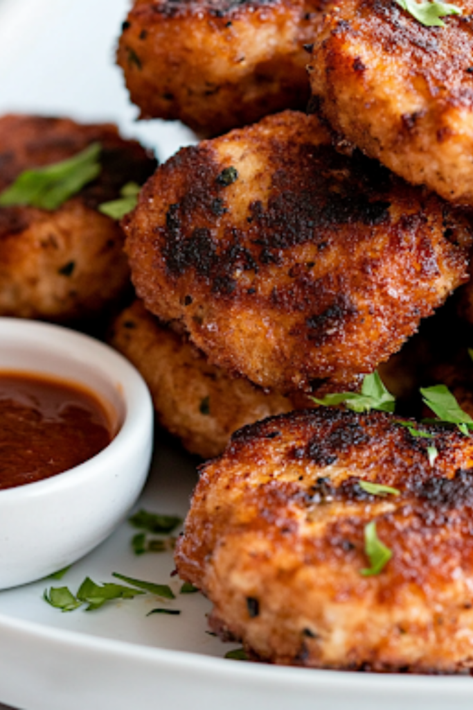 A close-up shot of a serving plate on a white marble cooktop, showcasing a neatly stacked pile of freshly fried, golden brown Crispy Chicken Patty Bites, ready to enjoy. A small dish of dipping sauce sits beside them, with a sprinkle of fresh garnish adding a vibrant touch to the beautifully presented dish.