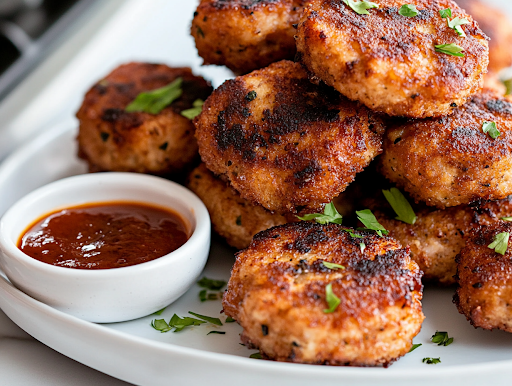 A close-up shot of a serving plate on a white marble cooktop, showcasing a neatly stacked pile of freshly fried, golden brown Crispy Chicken Patty Bites, ready to enjoy. A small dish of dipping sauce sits beside them, with a sprinkle of fresh garnish adding a vibrant touch to the beautifully presented dish.