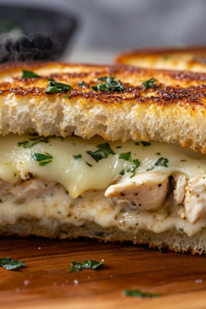 A freshly grilled Cheesy Garlic Bread Chicken Melt rests on a wooden cutting board. The sandwich is cut in half, revealing gooey, melted cheese and a creamy chicken filling. Steam rises from the warm, crispy bread, making it irresistible.