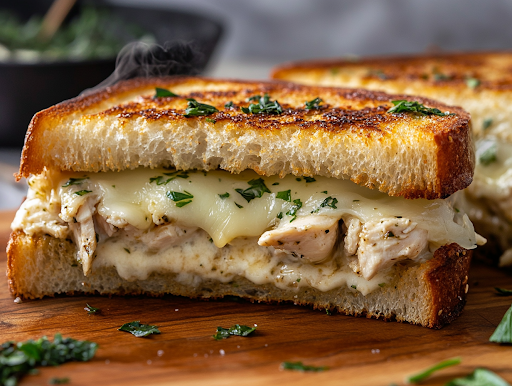 A freshly grilled Cheesy Garlic Bread Chicken Melt rests on a wooden cutting board. The sandwich is cut in half, revealing gooey, melted cheese and a creamy chicken filling. Steam rises from the warm, crispy bread, making it irresistible.
