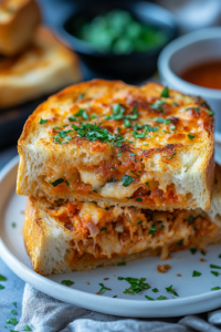 A freshly grilled Cheesy Garlic Bread Chicken Melt rests on a wooden cutting board. The sandwich is cut in half, revealing gooey, melted cheese and a creamy chicken filling. Steam rises from the warm, crispy bread, making it irresistible.