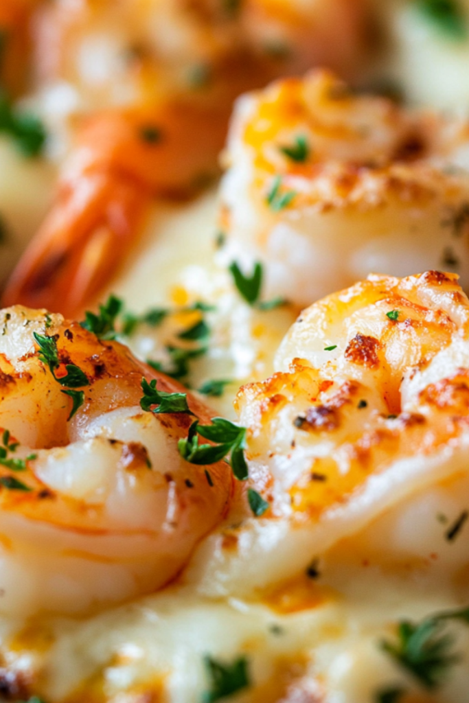 A close-up shot of a serving platter with cheesy baked shrimp, fresh out of the oven. The melted cheese is slightly golden, and finely chopped parsley is sprinkled on top for garnish.