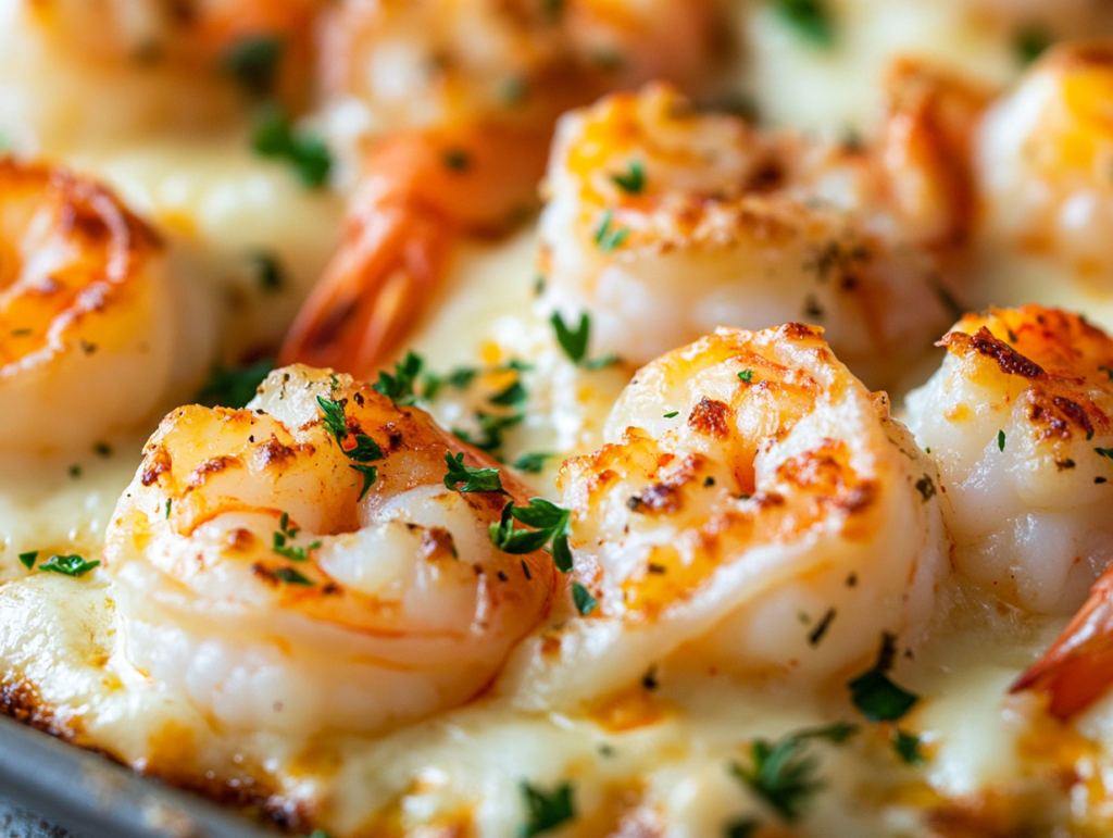 A close-up shot of a serving platter with cheesy baked shrimp, fresh out of the oven. The melted cheese is slightly golden, and finely chopped parsley is sprinkled on top for garnish.