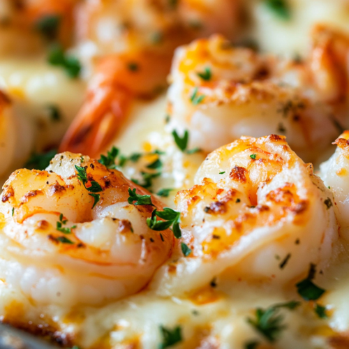 A close-up shot of a serving platter with cheesy baked shrimp, fresh out of the oven. The melted cheese is slightly golden, and finely chopped parsley is sprinkled on top for garnish.