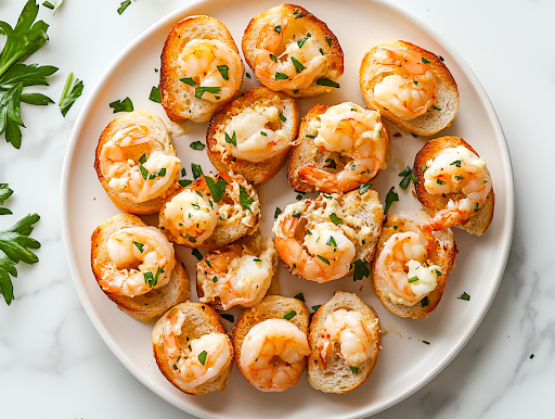 A serving plate on the white marble cooktop, beautifully arranged with golden shrimp and cheese baguette bites. Garnished with extra shrimp and fresh herbs, they are warm and ready to be enjoyed.