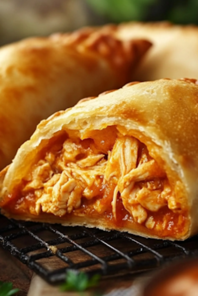 Golden-brown calzones fresh out of the air fryer, resting on a cooling rack. One calzone is cut open, revealing its creamy, cheesy, chicken-filled inside. A small bowl of marinara sauce sits nearby, ready for dipping.
