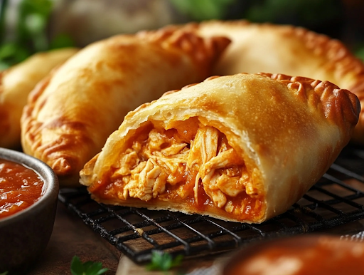 Golden-brown calzones fresh out of the air fryer, resting on a cooling rack. One calzone is cut open, revealing its creamy, cheesy, chicken-filled inside. A small bowl of marinara sauce sits nearby, ready for dipping.