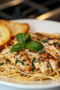A close-up shot of a serving plate on a white marble cooktop, featuring a generous portion of Chicken Alfredo Pasta, garnished with fresh basil and extra Parmesan. A side of golden garlic bread rests beside the plate, completing the comforting meal