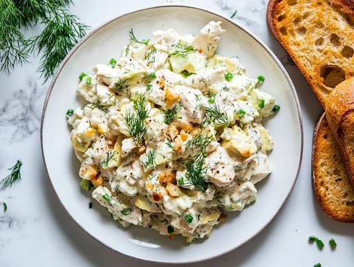 A close-up shot of a serving plate on a white marble cooktop, featuring the completed Avocado Chicken Salad. The dish is garnished with extra chives and dill, and crispy bread sits on the side, ready to be enjoyed.
