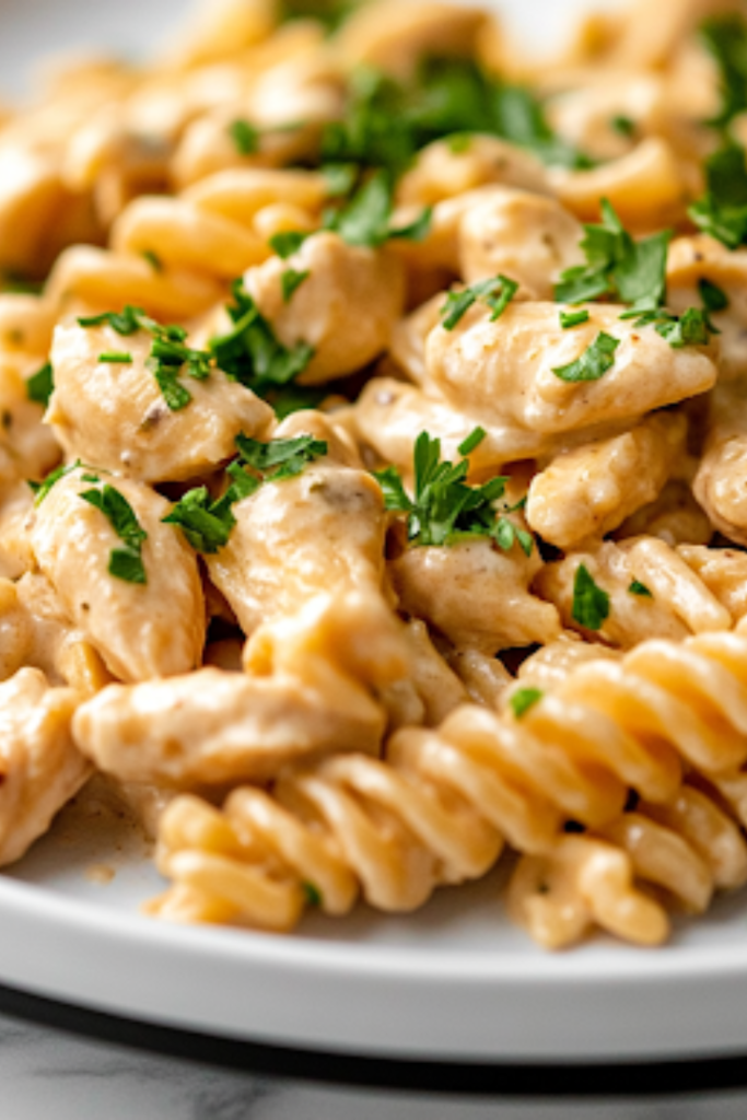 A close-up shot of a serving plate on the white marble cooktop, showcasing a generous portion of Chicken Pasta with Creamy Ranch Sauce. The dish is garnished with fresh chopped parsley, adding a pop of color to the warm, creamy, and savory pasta, ready to be enjoyed.