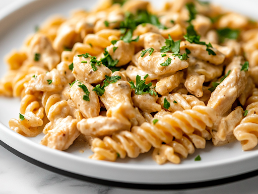 A close-up shot of a serving plate on the white marble cooktop, showcasing a generous portion of Chicken Pasta with Creamy Ranch Sauce. The dish is garnished with fresh chopped parsley, adding a pop of color to the warm, creamy, and savory pasta, ready to be enjoyed.