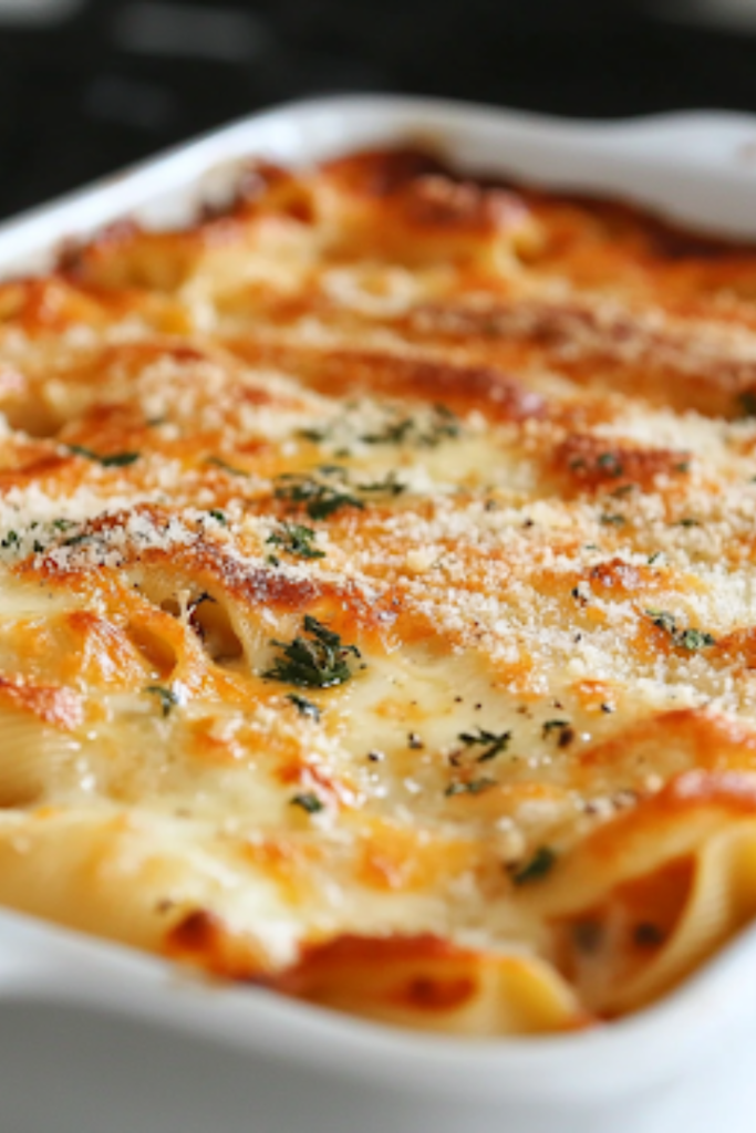 A golden, bubbly baked dish of chicken and broccoli Alfredo stuffed shells fresh out of the oven on a white marble cooktop. The shells are garnished with extra Parmesan cheese, ready to be served hot.