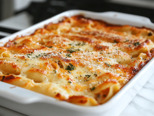 A golden, bubbly baked dish of chicken and broccoli Alfredo stuffed shells fresh out of the oven on a white marble cooktop. The shells are garnished with extra Parmesan cheese, ready to be served hot.