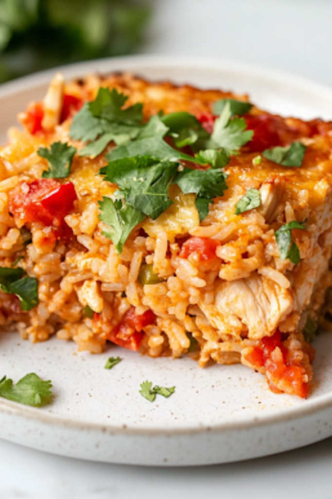 A close-up shot of a serving plate on a white marble cooktop, featuring a warm slice of Chicken Fajita Rice Casserole garnished with fresh herbs, ready to be enjoyed with a favorite side dish.