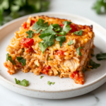 A close-up shot of a serving plate on a white marble cooktop, featuring a warm slice of Chicken Fajita Rice Casserole garnished with fresh herbs, ready to be enjoyed with a favorite side dish.