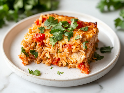 A close-up shot of a serving plate on a white marble cooktop, featuring a warm slice of Chicken Fajita Rice Casserole garnished with fresh herbs, ready to be enjoyed with a favorite side dish.