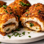 A close-up shot of a serving plate on a white marble cooktop, featuring a crispy golden-brown chicken roll sliced open, revealing the rich, melted garlic herb butter inside, ready to be enjoyed.