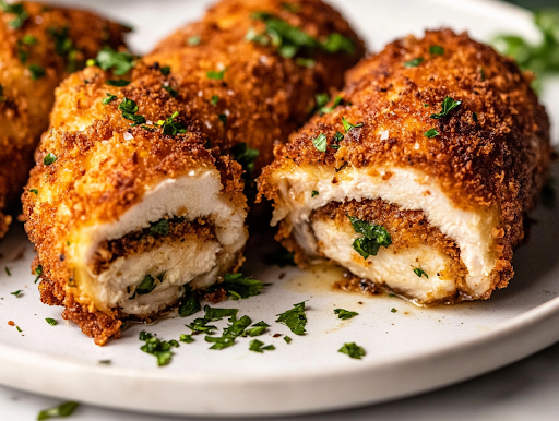 A close-up shot of a serving plate on a white marble cooktop, featuring a crispy golden-brown chicken roll sliced open, revealing the rich, melted garlic herb butter inside, ready to be enjoyed.