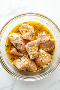 A glass bowl sits on the white marble cooktop, filled with chicken fillets soaking in a creamy buttermilk marinade mixed with ginger-garlic paste, vinegar, lemon juice, salt, and pepper. A spoon is partially submerged, stirring the marinade to ensure the flavors blend well.