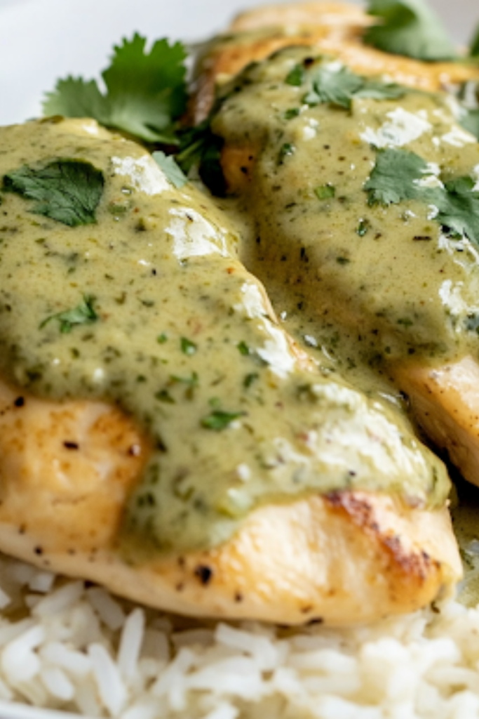 A plated dish featuring the chicken smothered in poblano cream sauce, served over fluffy rice pilaf, garnished with fresh cilantro. The rich green sauce drapes over the tender chicken, creating a visually stunning dish.