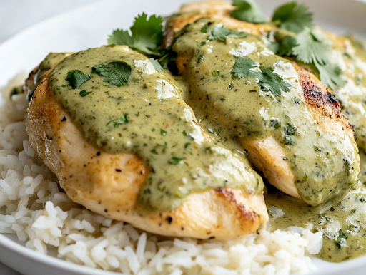 A plated dish featuring the chicken smothered in poblano cream sauce, served over fluffy rice pilaf, garnished with fresh cilantro. The rich green sauce drapes over the tender chicken, creating a visually stunning dish.