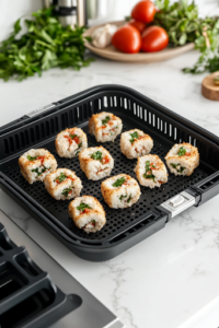 A close-up shot of an air fryer basket on a white marble cooktop, lightly sprayed with nonstick cooking spray, with breaded chicken rolls placed seam-side down, ready to be cooked to golden perfection.
