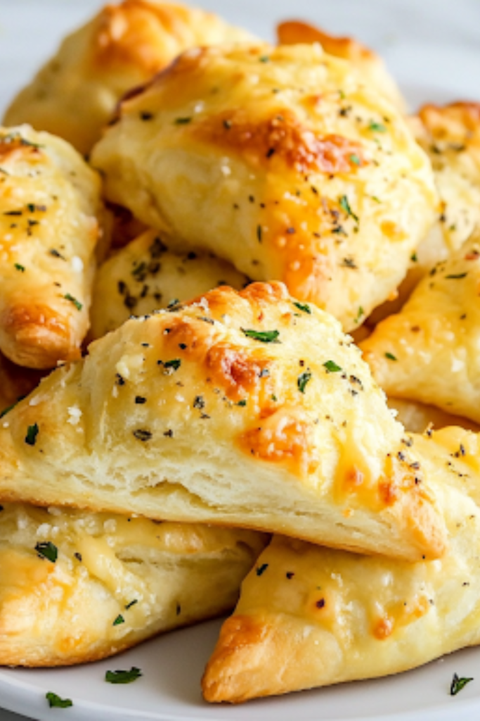 A serving plate on the white marble cooktop showcases the warm, cheesy, golden-brown crescent rolls, ready to be enjoyed with their flaky, buttery layers.