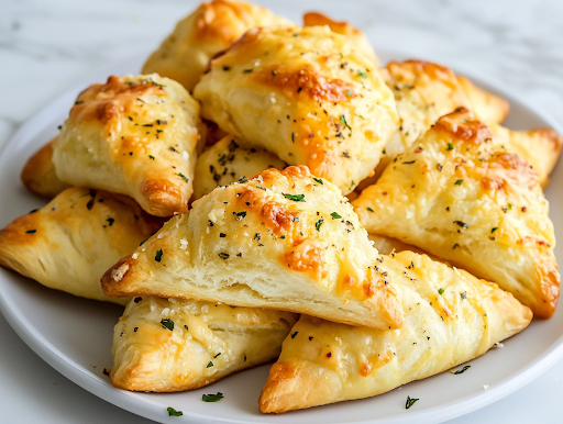 A serving plate on the white marble cooktop showcases the warm, cheesy, golden-brown crescent rolls, ready to be enjoyed with their flaky, buttery layers.