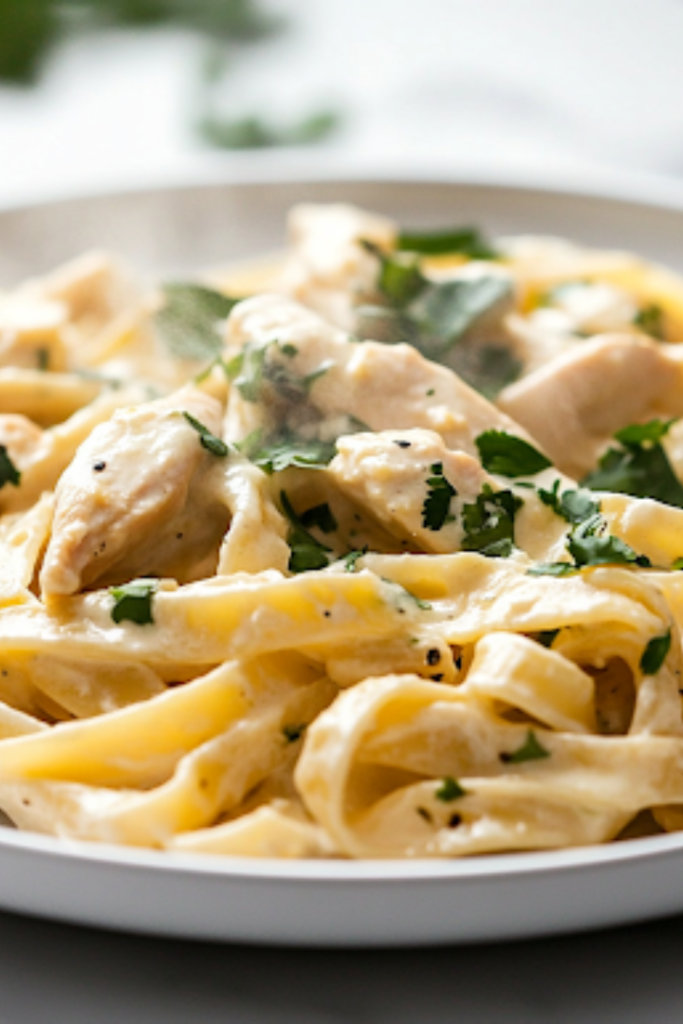 A close-up shot of a steaming plate of Tequila Lime Chicken Fettuccine, freshly served on a white ceramic plate over the white marble cooktop. The creamy pasta is garnished with extra cilantro, adding a fresh and vibrant touch, ready to be enjoyed.