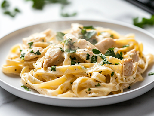 A close-up shot of a steaming plate of Tequila Lime Chicken Fettuccine, freshly served on a white ceramic plate over the white marble cooktop. The creamy pasta is garnished with extra cilantro, adding a fresh and vibrant touch, ready to be enjoyed.