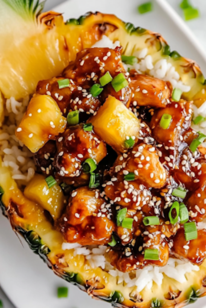 The final plated dish on the white marble cooktop, featuring the pineapple bowl filled with teriyaki chicken and rice, garnished with sesame seeds, chopped green onions, and extra pineapple chunks. The vibrant colors and textures make it visually stunning.