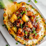 The final plated dish on the white marble cooktop, featuring the pineapple bowl filled with teriyaki chicken and rice, garnished with sesame seeds, chopped green onions, and extra pineapple chunks. The vibrant colors and textures make it visually stunning.